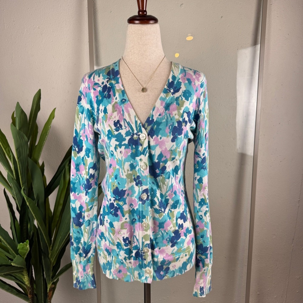 Gap Floral Cardigan Women Medium Blue‎ Purple V-Neck Button Front Knit Botanical